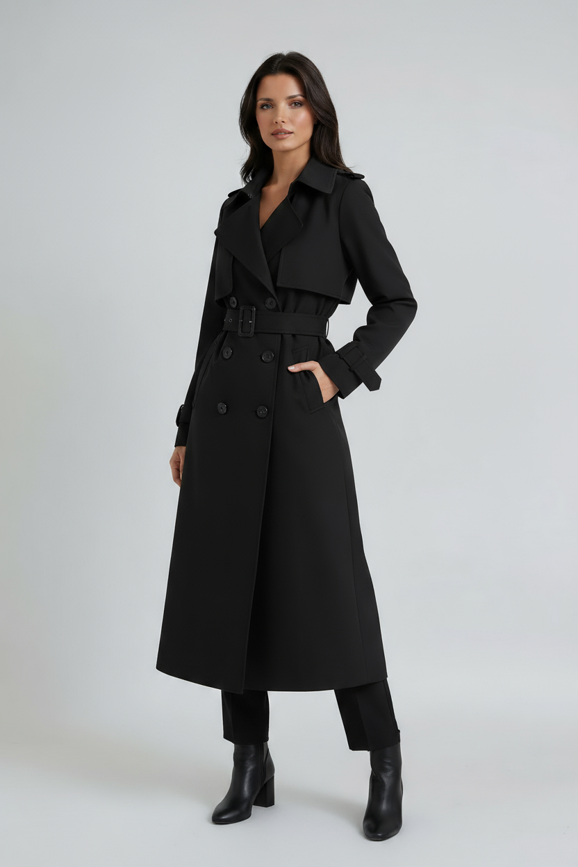 Women’s Long Trench Coat | Double Breasted Belted Overcoat