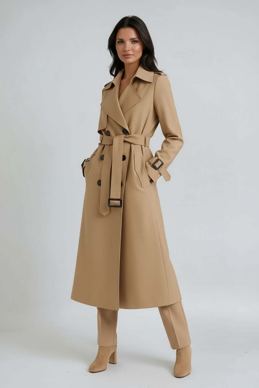 Women’s Long Trench Coat | Double Breasted Belted Overcoat